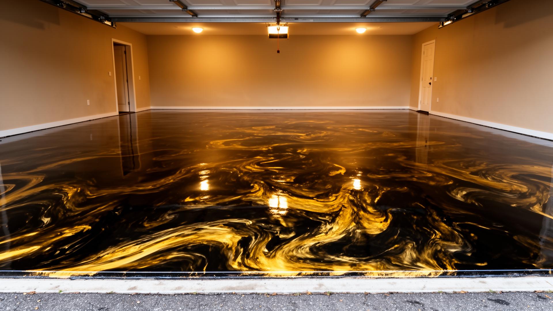After: stunning black & gold metallic epoxy garage floor