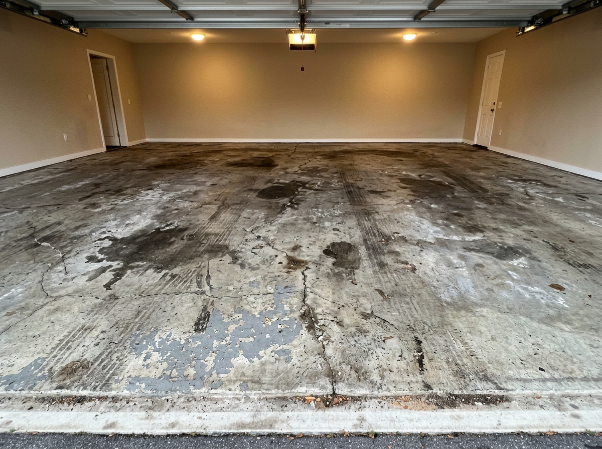 Before: cracked stained concrete garage floor